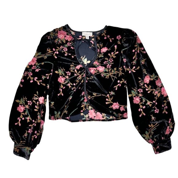 Boho Burntout Velvet Floral Crop Top Blouse Sz.S Black Bishop Sleeve Fairy Goth - Picture 11 of 11